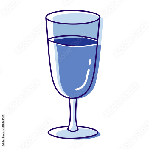 Minimalist vector illustration of elegant glass filled with water or clear drink, transparent goblet icon for restaurant or cruise, isolated on white background