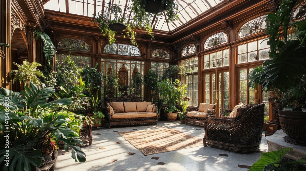 Obraz premium Victorian conservatory with ornate ironwork, lush plants, and a glass ceiling flooding the room with light.