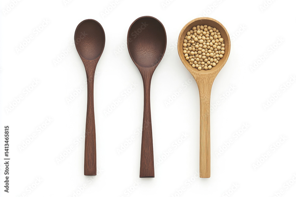 Three wooden spoons; two empty, one filled with small, golden beads Three wooden spoons; two empty, one filled with small, golden beads