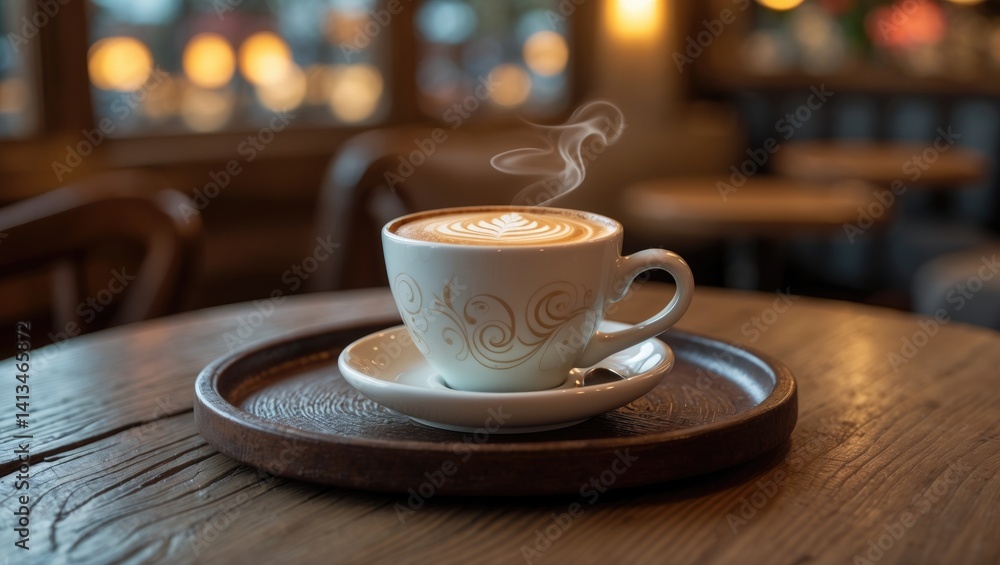Fototapeta premium Profile view of a steaming latte coffee featuring latte art in a white cup on a wooden surface