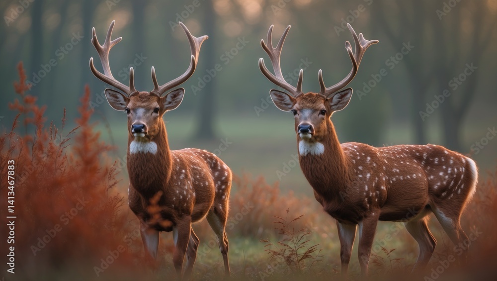 Obraz premium Zoomed-in view of two red deer males during autumn