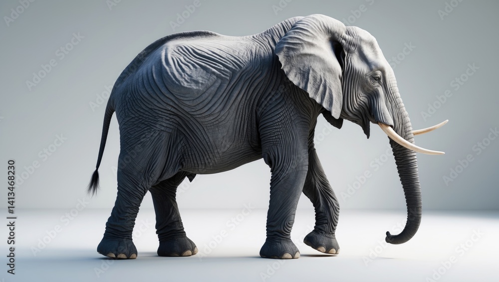 Fototapeta premium Profile view of a walking Elephant set against a white background.