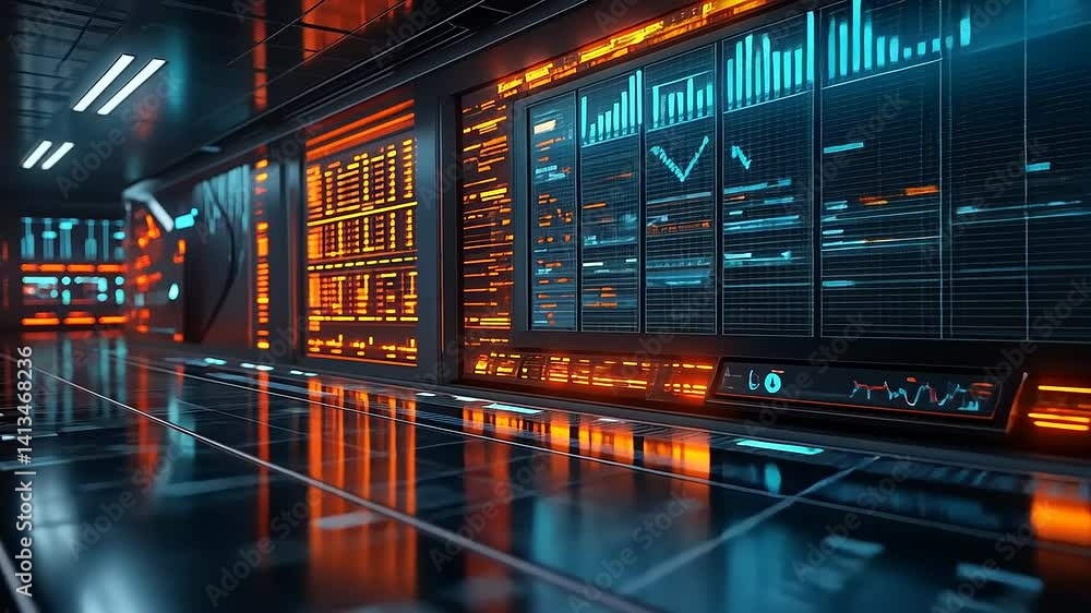 Futuristic control room with glowing data displays Futuristic control room with glowing data displays