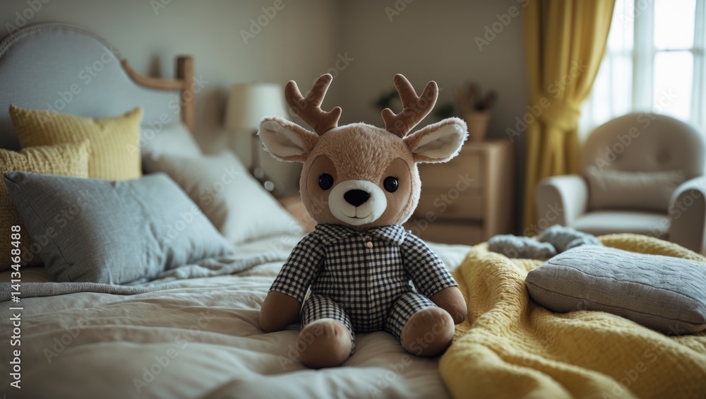 Fototapeta premium Cozy wooden bed with cushions and a toy in the room. Interior decor