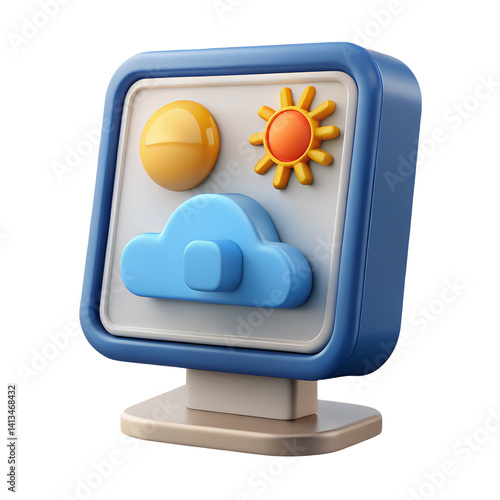 3D Stylized Weather Display: A simplified 3D illustration of sunny and cloudy weather on a digital screen.