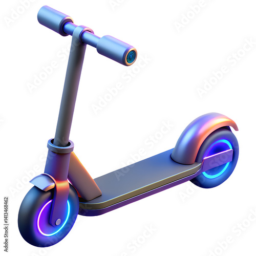 3D Electric scooter with illuminated wheels, futuristic design for modern urban transportation. Eco-friendly ride.