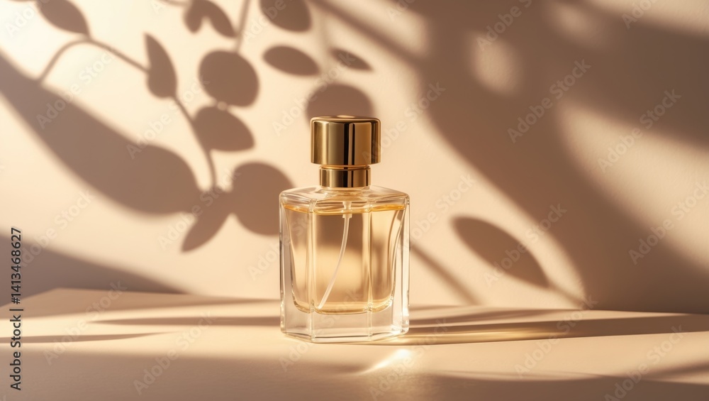 Naklejka premium Compact fragrance bottle resting on a warm pastel and gold-themed table. Available space. Product photo.