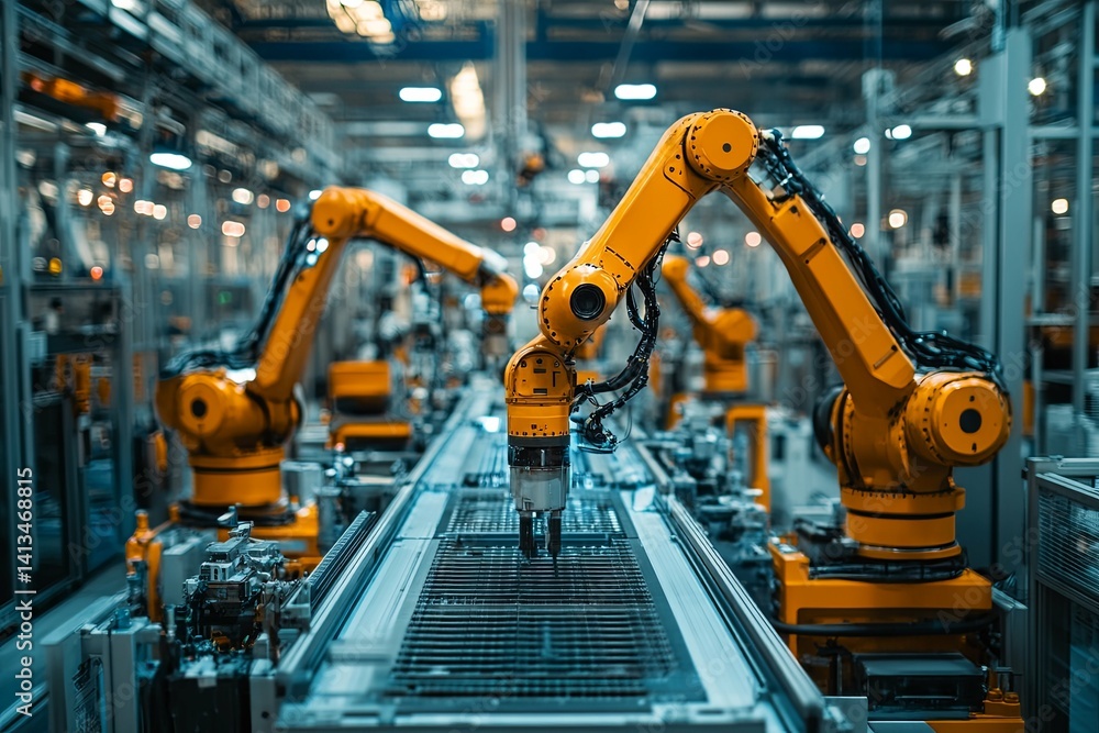 Automated robotic arms working on an industrial assembly line Automated robotic arms working on an industrial assembly line