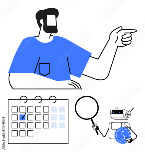 Man gesturing, calendar with a marked date, robot analyzing with magnifying glass and coin. Ideal for productivity, scheduling, robotics, fintech, decision-making planning and automation. Flat