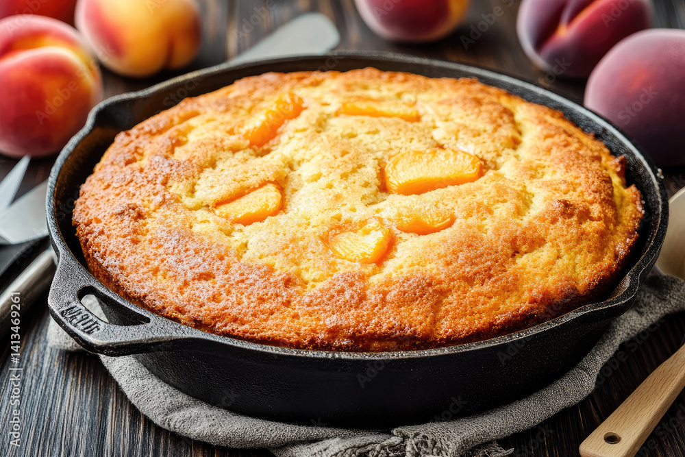 Golden-brown peach cobbler baked in cast iron skillet Golden-brown peach cobbler baked in cast iron skillet