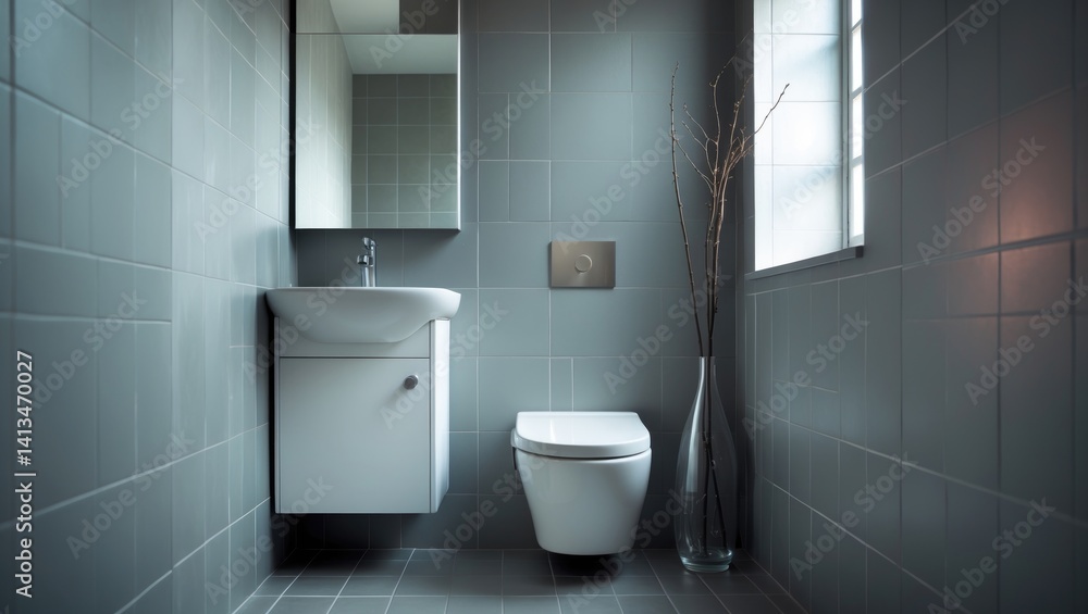 Tiled bathroom showcasing a sink base cabinet and mirror cabinet with a wall-mounted toilet