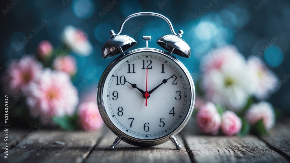 Set your clocks ahead using this clock and flowers on a rustic wooden table. Blurred background with selective focus.
