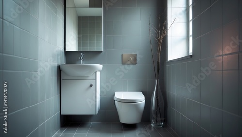 Obraz na płótnie Tiled bathroom showcasing a sink base cabinet and mirror cabinet with a wall-mounted toilet w salonie