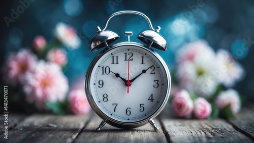 Obraz na płótnie Set your clocks ahead using this clock and flowers on a rustic wooden table. Blurred background with selective focus. w salonie