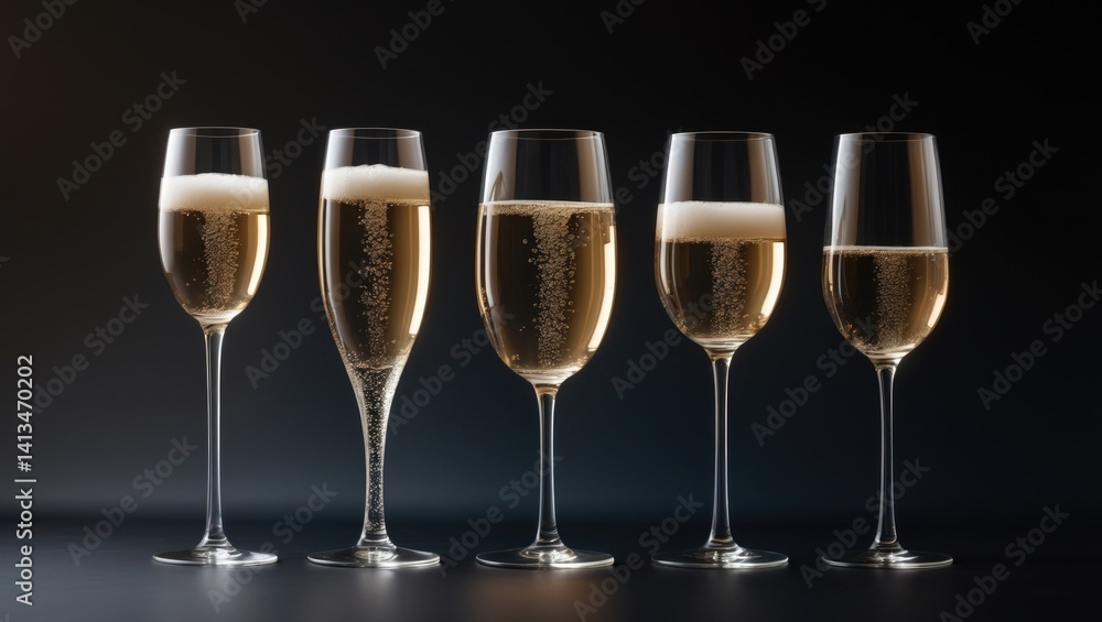 Collection of elegant champagne glasses lined up on a dark surface. Idea of winemaking and restaurant sector Collection of elegant champagne glasses lined up on a dark surface. Idea of winemaking and restaurant sector
