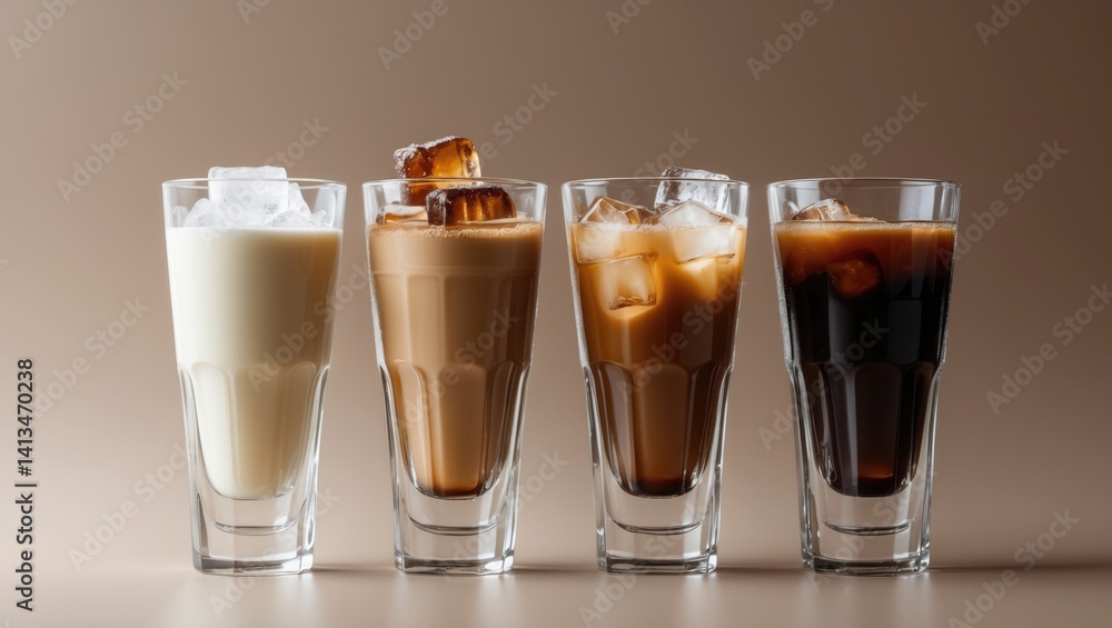 Collection of iced caramel latte and black Americano coffee drinks isolated on a colorful background.