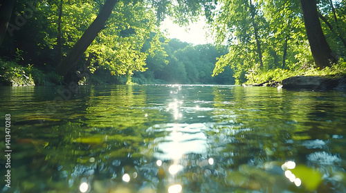 Serene river flowing through lush forest. Sunlight filters through the trees, casting sparkles on the clear water.  Tranquil natural scene