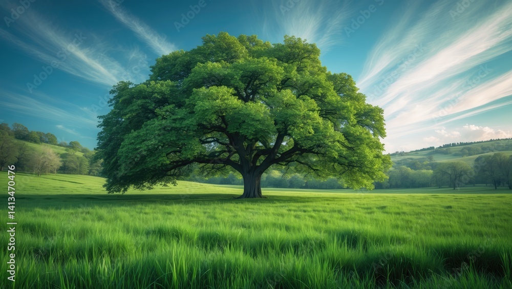 Obraz premium Single towering oak in a pasture close to the forest