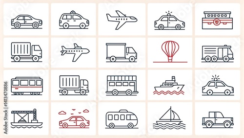 Various transportation icons in a grid pattern including cars trucks planes and boats in a line art style