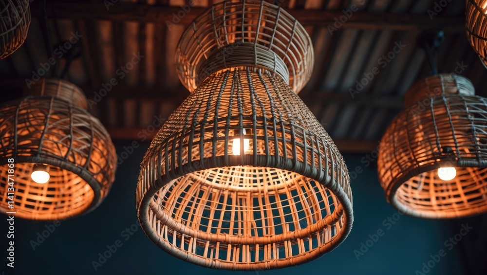 Obraz premium Wicker basket chandelier hanging from the ceiling
