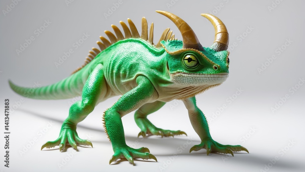 Horned chameleon in frontal position, on a white surface Horned chameleon in frontal position, on a white surface