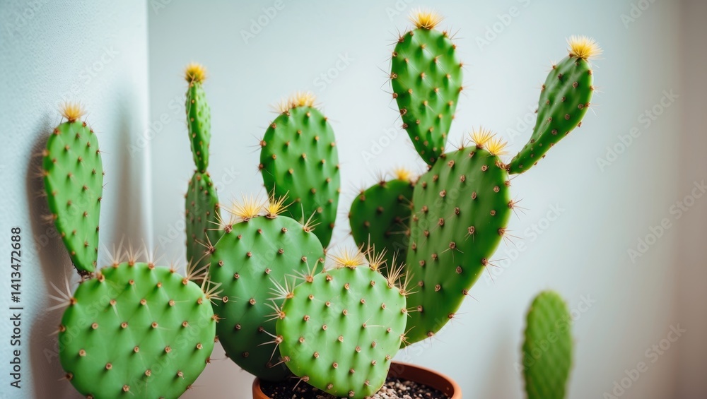 Detailed view of a potted cactus featuring vibrant new leaves on a white backdrop Detailed view of a potted cactus featuring vibrant new leaves on a white backdrop
