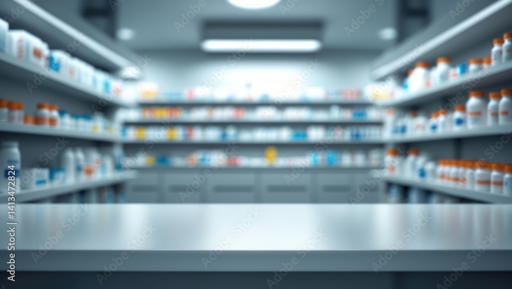 Stock image depicting a blurred focus on a counter store table with a shelf of drug and medical products Stock image depicting a blurred focus on a counter store table with a shelf of drug and medical products