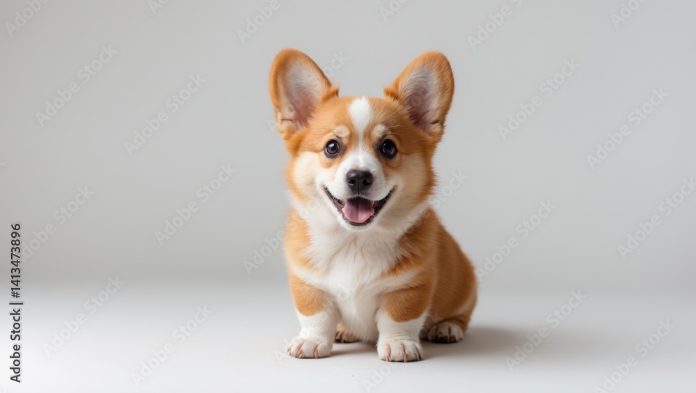 Charming content Puppy dog, smiling and facing the camera, isolated on a white backdrop Charming content Puppy dog, smiling and facing the camera, isolated on a white backdrop