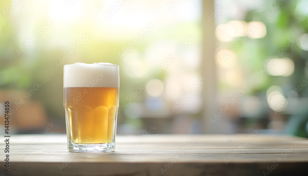 cold beer in a glass on wooden table over blurred beer garden in summer