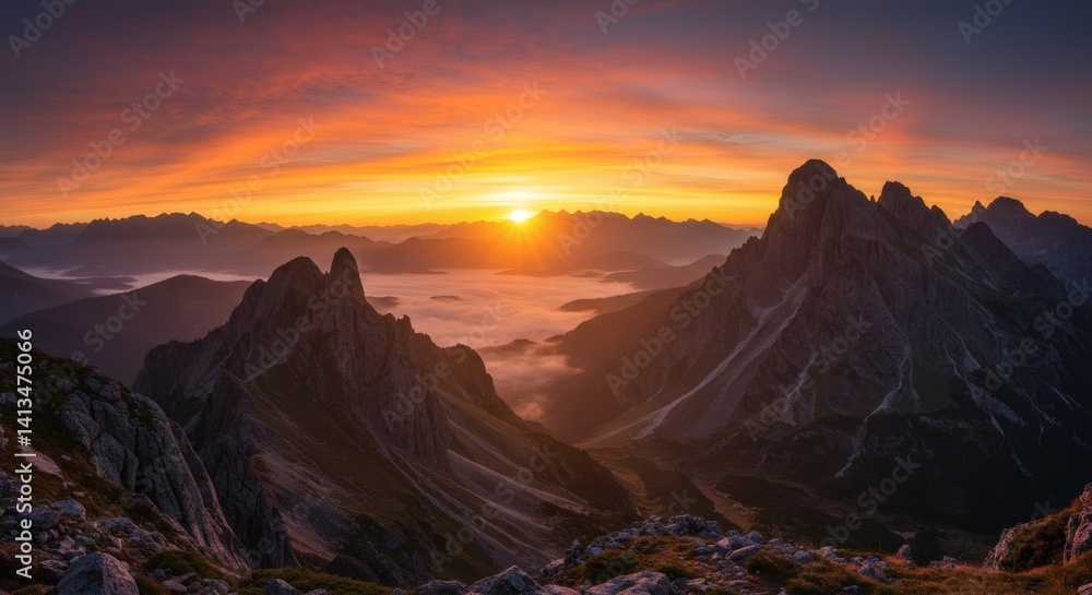 Naklejka premium A stunning panorama of mountain peaks under a brilliant sunrise, with an orange sky and fog below.