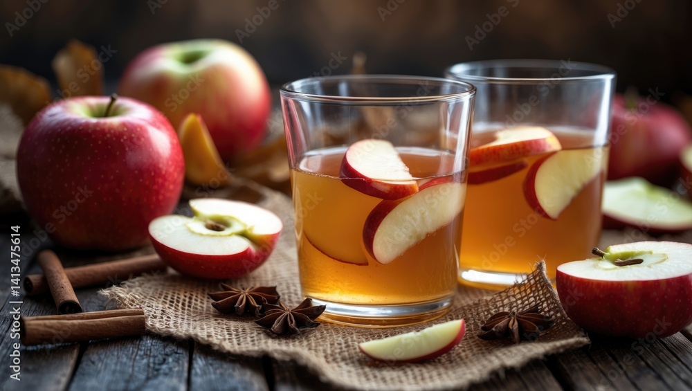 Wooden background featuring apple cider with fresh apples, cinnamon, and spices Wooden background featuring apple cider with fresh apples, cinnamon, and spices