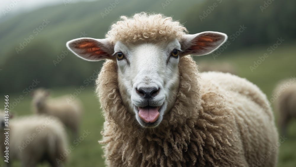 Fototapeta premium Amusing snapshot of a sheep with its tongue out.