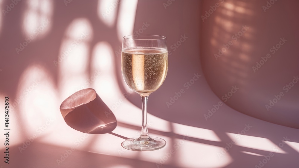 Champagne in a glass set on a pastel surface. Bright sunlight creates a dramatic long shadow from the glass. Artistic concept of celebration, party, and alcohol. Champagne in a glass set on a pastel surface. Bright sunlight creates a dramatic long shadow from the glass. Artistic concept of celebration, party, and alcohol.