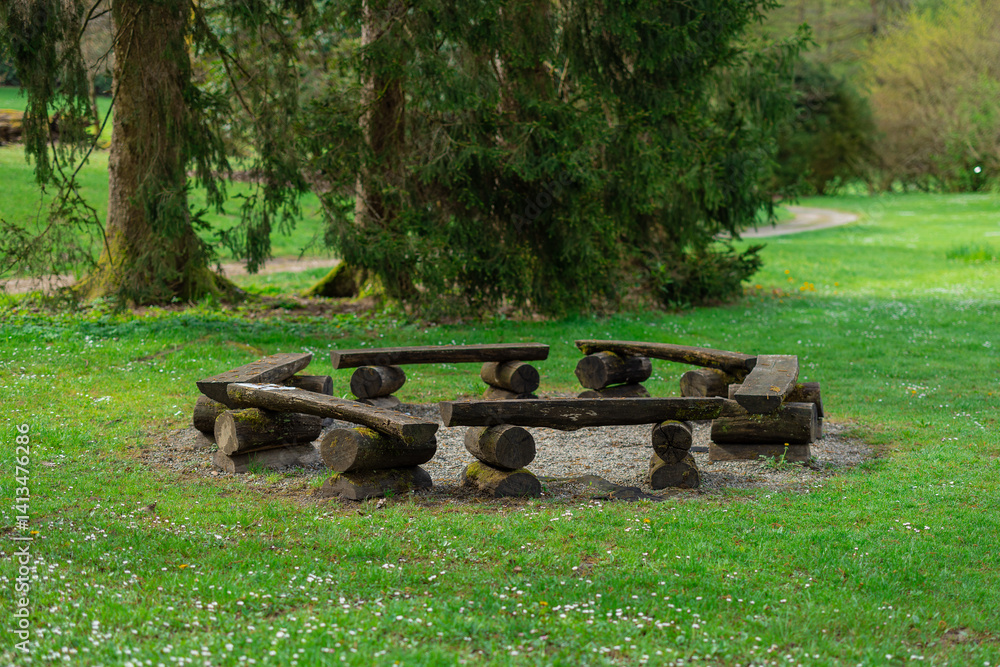 circular arrangement of log benches in a grassy area, surrounded by tall trees and a winding path in a lush park setting with scattered wildflowers