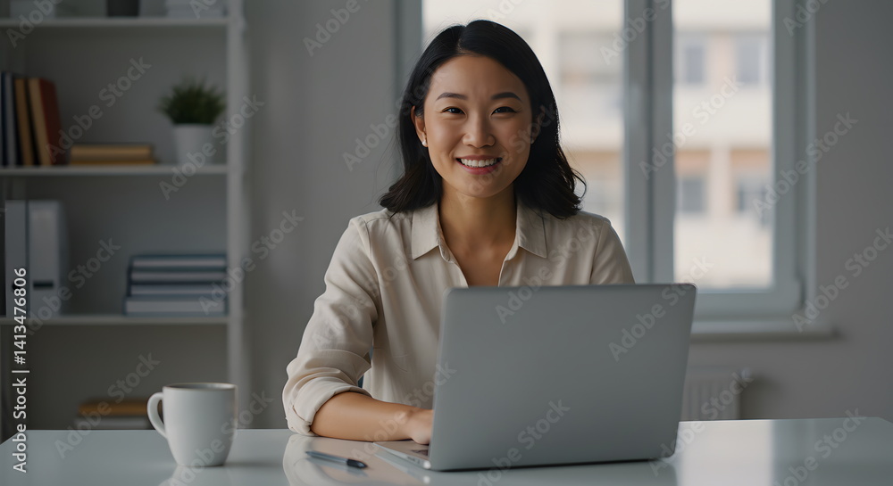 A confident and approachable Asian female content creator working from her bright, minimalist home office. Her direct gaze and smile create a connection with the viewer. A confident and approachable Asian female content creator working from her bright, minimalist home office. Her direct gaze and smile create a connection with the viewer.