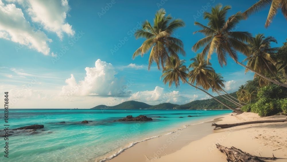 Attractive beach landscape with coconut palm trees, sand, and sea under a bright blue sky and white clouds Attractive beach landscape with coconut palm trees, sand, and sea under a bright blue sky and white clouds