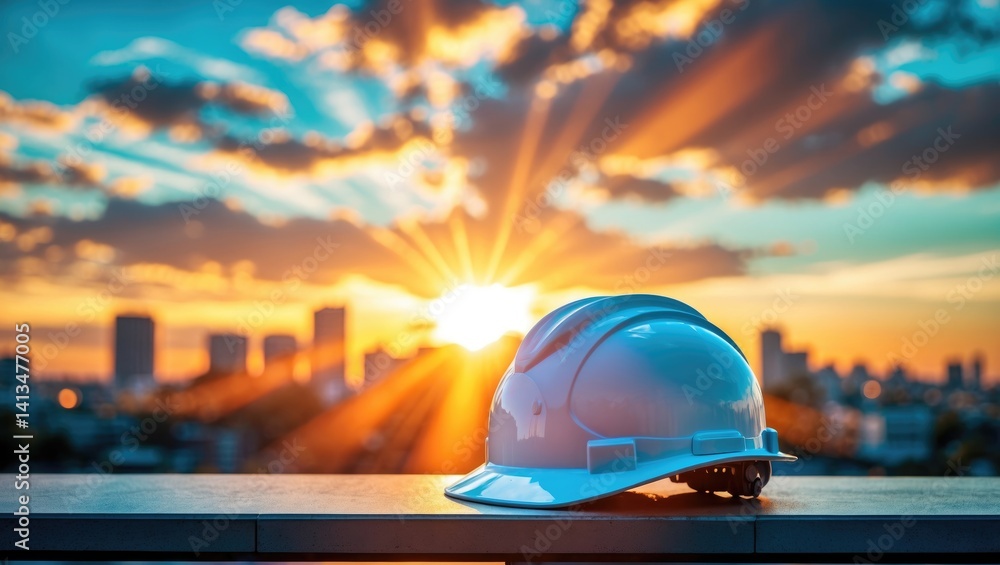 Gorgeous image of a construction helmet at sunset, engineering Gorgeous image of a construction helmet at sunset, engineering