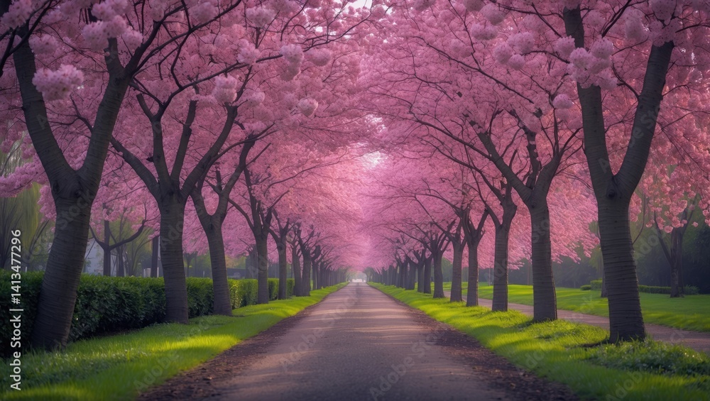 Naklejka premium Pathway lined with flowering trees