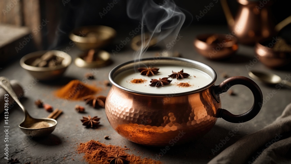 Spiced milk tea in a copper pot, Indian masala chai with a scenic background Spiced milk tea in a copper pot, Indian masala chai with a scenic background
