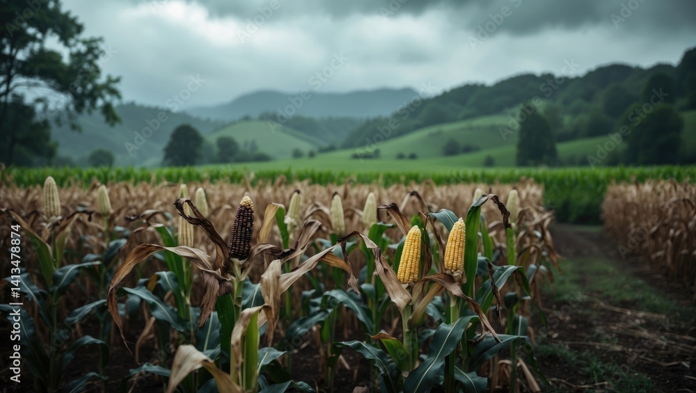 A cornfield is represented in the picture, with some corn stalks appearing brown and dry, set against a backdrop of trees and mountains that enhance the serene environment. A cornfield is represented in the picture, with some corn stalks appearing brown and dry, set against a backdrop of trees and mountains that enhance the serene environment.