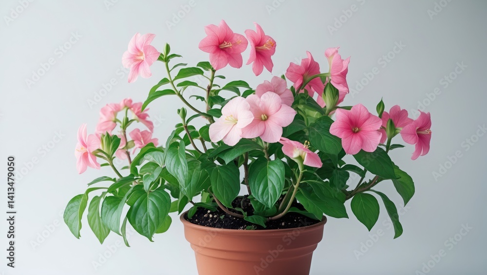 White background featuring an Impatiens flower in a planter White background featuring an Impatiens flower in a planter