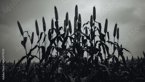 Sky above agricultural fields showcasing sustainable crop development and production, with a focus on maize plants and corn stalks.