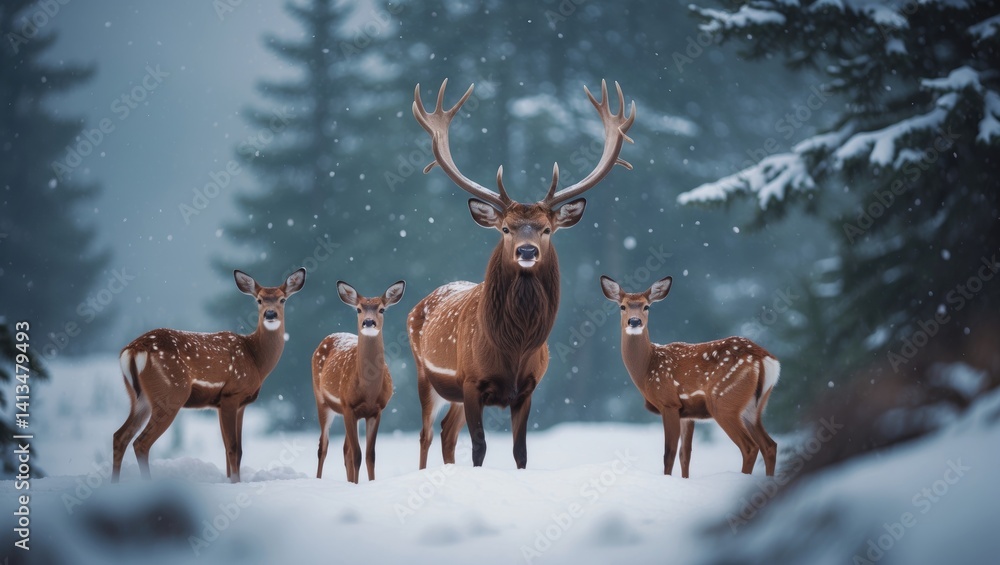Obraz premium Family of majestic deer amidst a picturesque winter snow forest landscape.