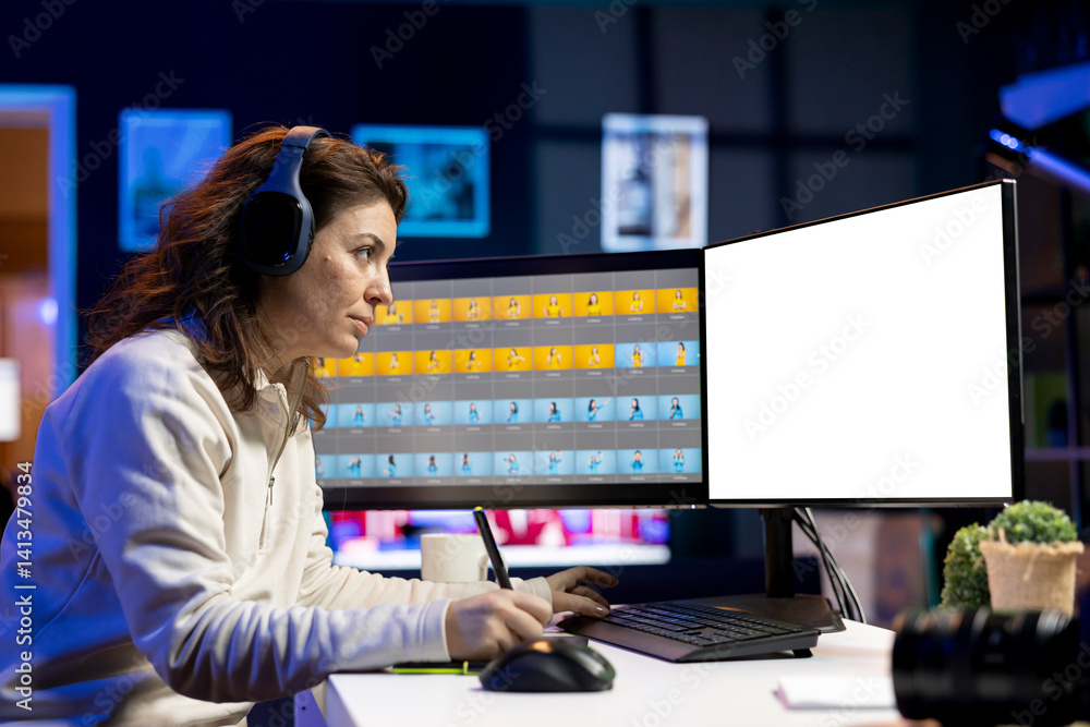Photo editor working in independent production company using isolated screen monitor, listening music. Photographer with headphones adjusting white balance on overexposed pictures on mockup computer Photo editor working in independent production company using isolated screen monitor, listening music. Photographer with headphones adjusting white balance on overexposed pictures on mockup computer