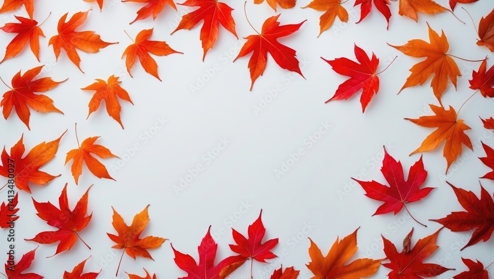 Seasonal design. Maple leaves creating a frame on a white background. Top view, flat lay, ample copy space Seasonal design. Maple leaves creating a frame on a white background. Top view, flat lay, ample copy space