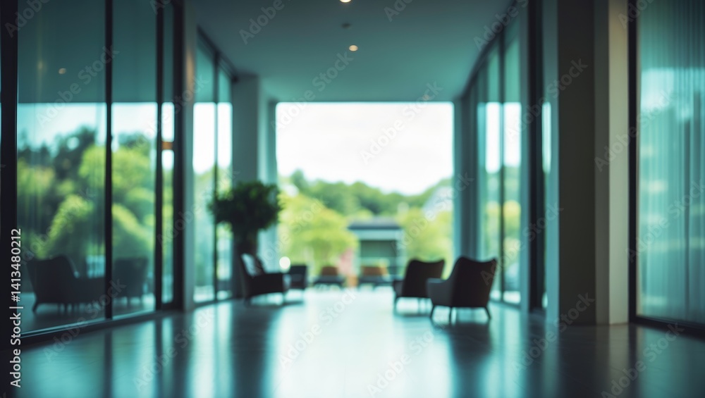 Interior perspective of a hotel or office building lobby with blurred background, showcasing a reception hall and modern luxury space with glass walls Interior perspective of a hotel or office building lobby with blurred background, showcasing a reception hall and modern luxury space with glass walls
