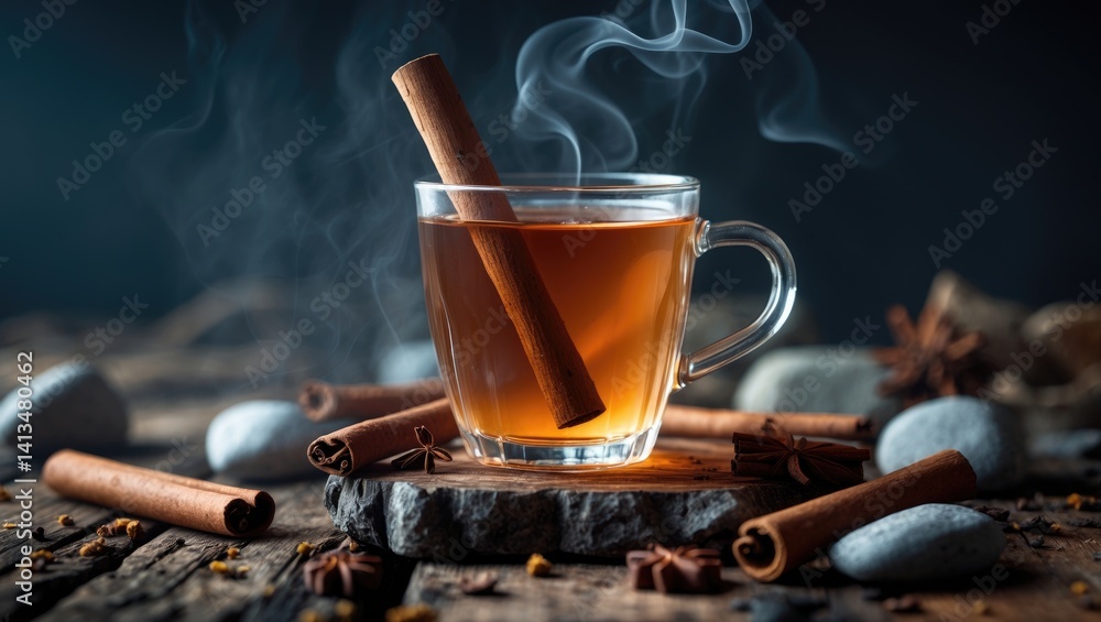 Cinnamon-infused hot cocktail served on rustic wooden surface