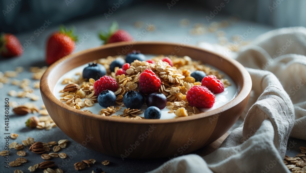Granola in a Bowl on a Rustic Background Granola in a Bowl on a Rustic Background