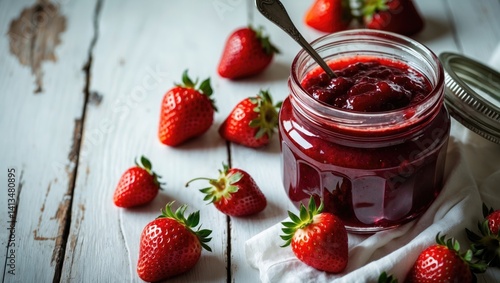 Wallpaper Mural Homemade tasty strawberry jam in a glass jar with fresh strawberries on a white backdrop. Aerial view. Torontodigital.ca