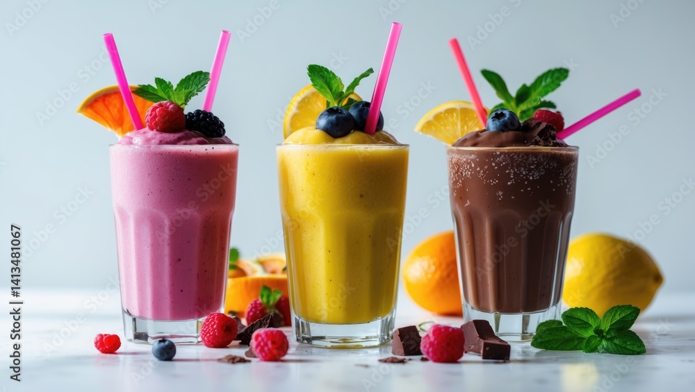 Variety of fruit smoothies in close-up on a white surface Variety of fruit smoothies in close-up on a white surface